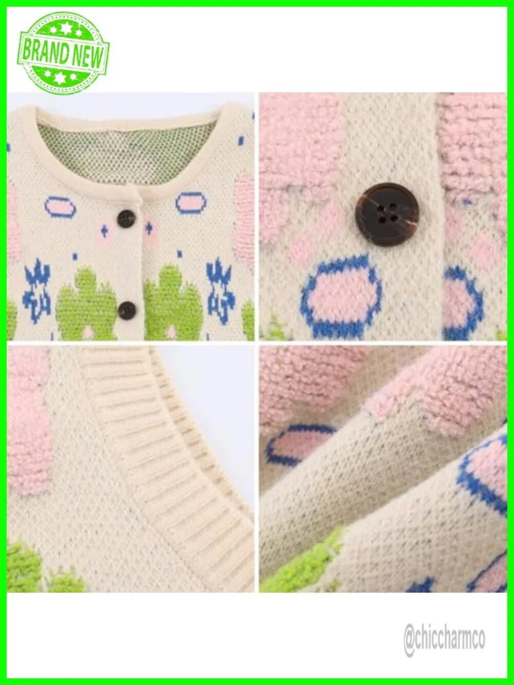 Oversize Floral Knit Sweater Vest Sleeveless Button Down Crewneck Cardigan